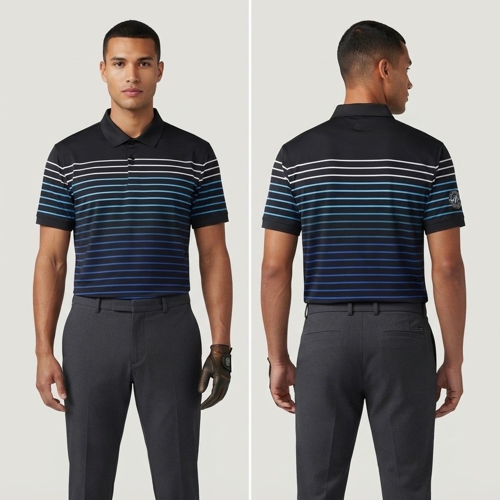 G/FORE Mens Stripe Golf Polo Shirt Medium Black Blue Oakland Hills Country Club
